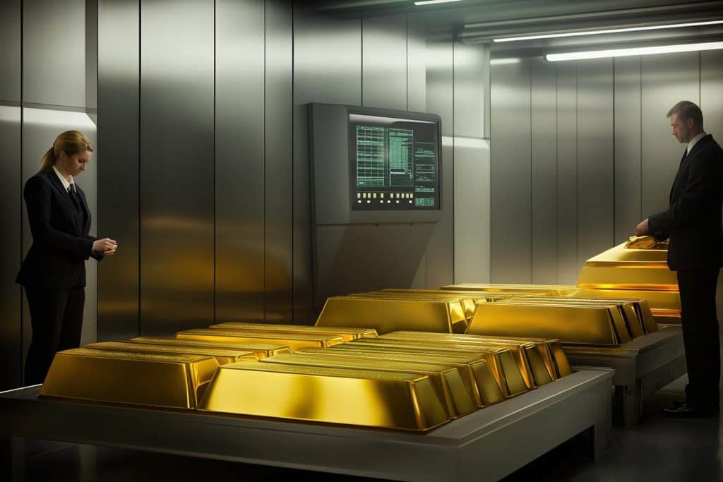 goldbarren gestapelt in tresorraum
